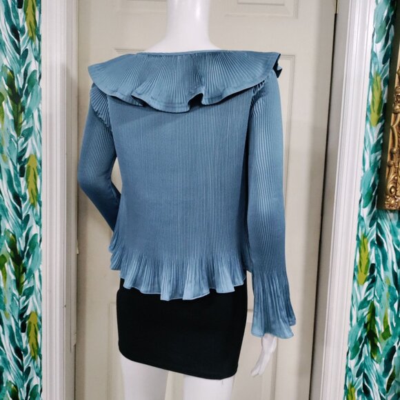 Derek Lam 10 Crosby Charis Pleated Ruffle Whimsy Top Long Bell Sleeves Blue S - Picture 6 of 15